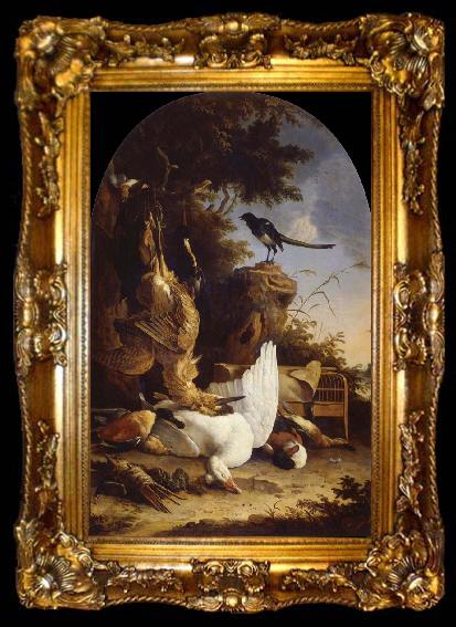 framed  REMBRANDT Harmenszoon van Rijn A hunter-s Bag near a tree stump with a magpie,known as the contemplative Magpie, ta009-2